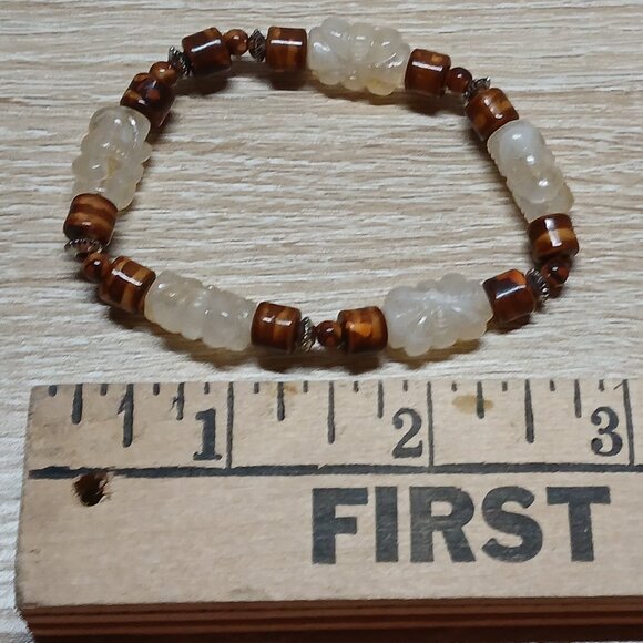 Hand Crafted Handmade Beaded Unisex Stretch Bracelet Brown & White #16 - Picture 2 of 11